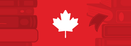 A red rectangle with transparent images of books on the right and left sides with a white maple leaf in the middle.