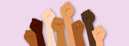 A graphic of different skin toned fists lifted up in the air.