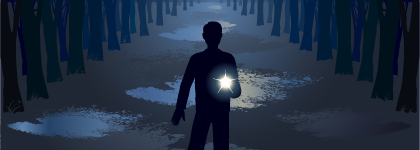 A silhouette of a person holding a glowing flashlight while standing on a dark forest path at night, surrounded by tall trees.