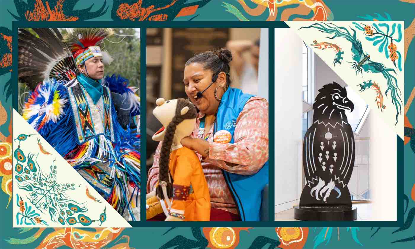 background image: A collage for National Indigenous History Month, or NIHM, featuring an Indigenous dancer in regalia, a puppet storyteller, and Indigenous artwork displayed.