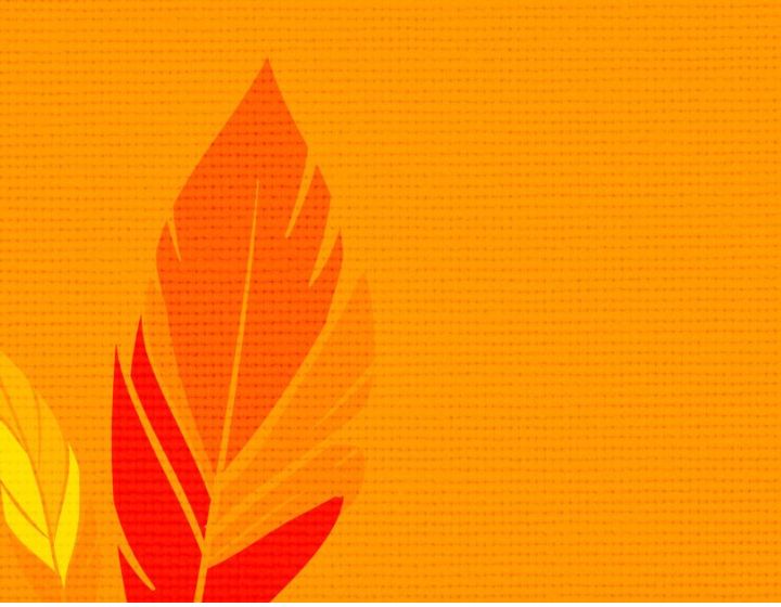 background image: Stylized yellow, orange, and red leaves on a bright orange background with space for text.