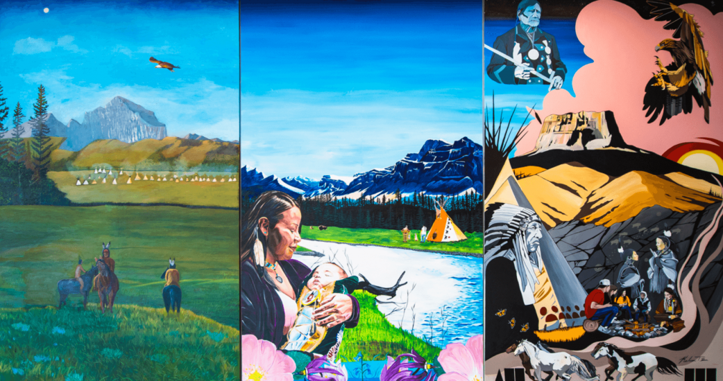 A series of painted panels depicts scenes of Indigenous life and nature. Images include a mother and child, a teepee by a river, and a soaring eagle.