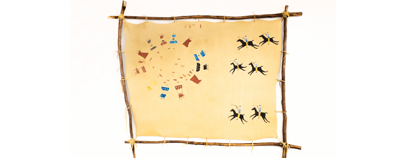 A painted hide stretched on a wooden frame. It depicts a battle scene with figures on horseback and a central circle of teepees.
