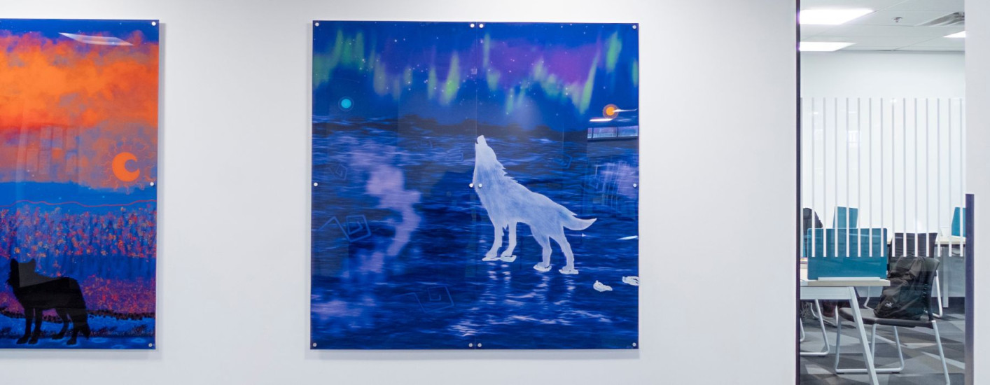 A painting of a wolf howling at the night sky.