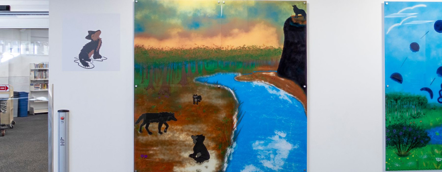a painting of two wolves beside a river