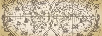ntique world map with two hemispheres on a sepia-toned parchment background.