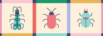 Three stylized insect illustrations displayed in colourful panels.