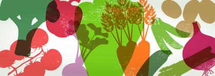 Abstract collage of vegetables and plants in bright overlapping colours.