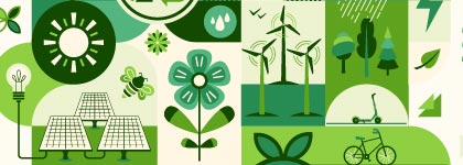 Green-themed illustration featuring solar panels, wind turbines, flowers, bicycles, and nature icons.