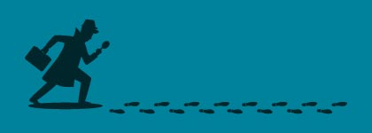 Silhouette of a detective following a trail of footprints against a blue background.