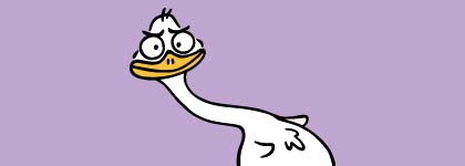 Cartoon duck with a long neck and wide eyes on a purple background.