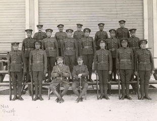 18 soldiers standing in front of bleachers in war uniforms looking at the camera.