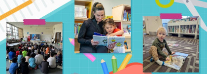 Back to school book blast. online school event asset. mom and child reading. classroom with children. child with book reading on the floor. cartoon pencils paper scissors in the background.