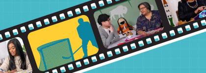 film strip with images from online learning events and a teal background