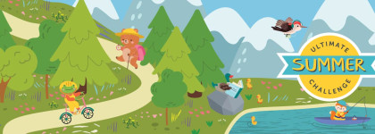 Illustrated outdoor mountain scene with animals reading and exploring, including biking on a forest path, fishing on a lake, and relaxing by the water used to promote Ultimate Summer Challenge, or USC 2026 with the yellow and teal logo. 