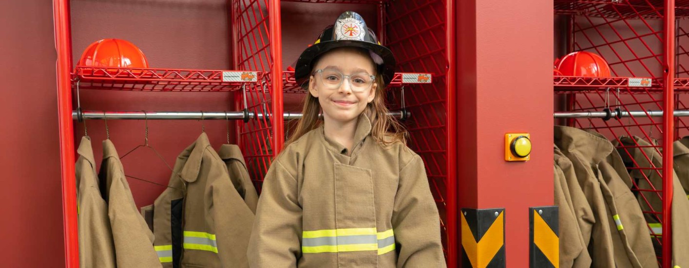 A young girl is standing in front of lockers that have firefighters' jackets and helmets inside. She is smiling at the camera and wearing one of the jackets as well as a black firefighter's helmet.