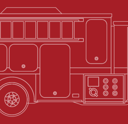 Illustration of a fire engine outlined in white on a red background.