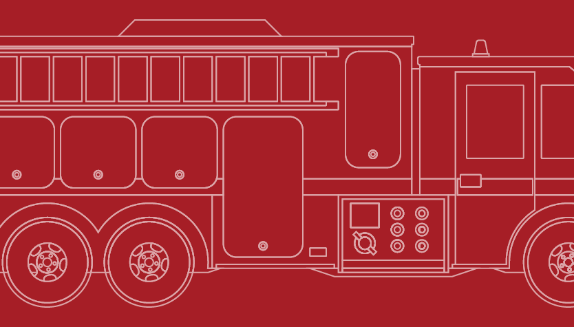 Illustration of a fire engine outlined in white on a red background.