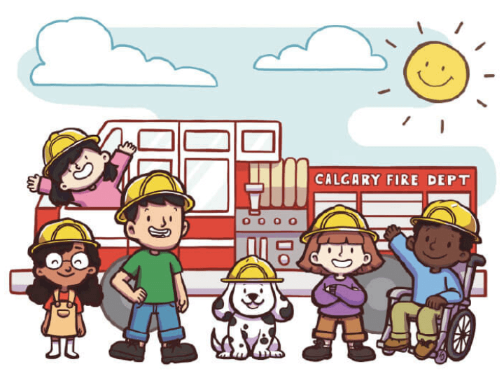 background image: An illustration of a firetruck. There is a little girl outside the front window, four other children and a Dalmatian dog with a yellow firefighter hat on in front of it.