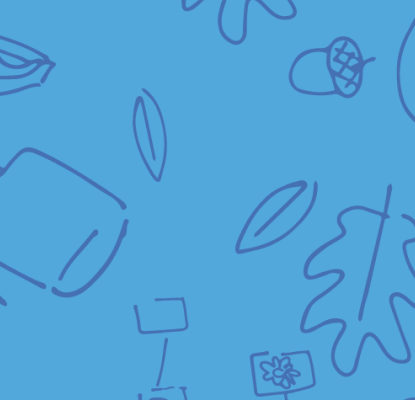 Graphic of various art supplies, leaves, and acorns in different shades of blue. 