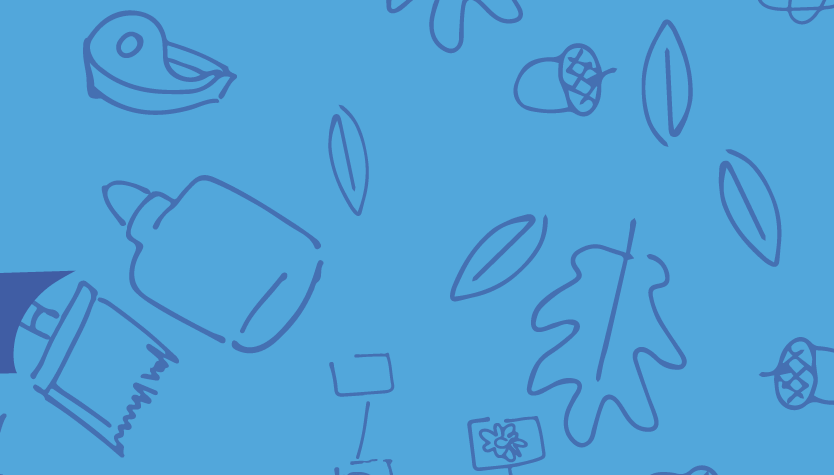 Graphic of various art supplies, leaves, and acorns in different shades of blue. 