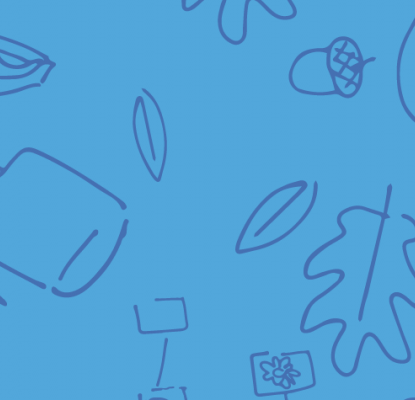 Graphic of various art supplies, leaves, and acorns in different shades of blue. 