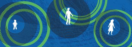 Blue background with overlapping green and black concentric circles surrounding white silhouette figures of a child, a teen, and an adult.