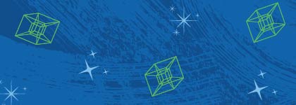 Blue textured background with white stars and green line-art cubes floating in a scattered pattern.