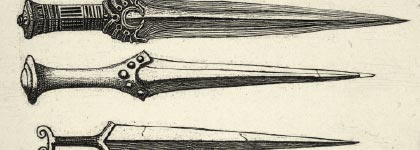 Historical drawing of several dagger-like tools.