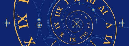 Spiral clock illustration featuring Roman numerals.