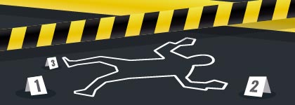 Illustration of a crime scene outline with evidence markers.
