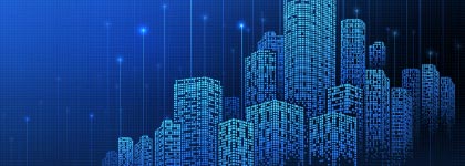 Digital illustration of a city skyline made of technology-inspired patterns.