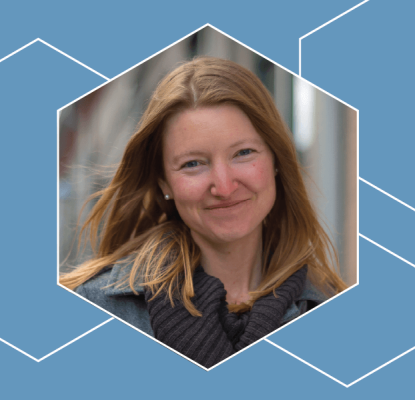 Graphic with a light blue background and hexagons with white outlines. In the middle hexagon is a photo of an individual smiling at the camera. 