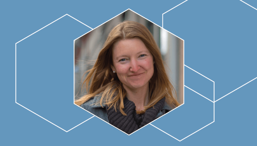 Graphic with a light blue background and hexagons with white outlines. In the middle hexagon is a photo of an individual smiling at the camera. 