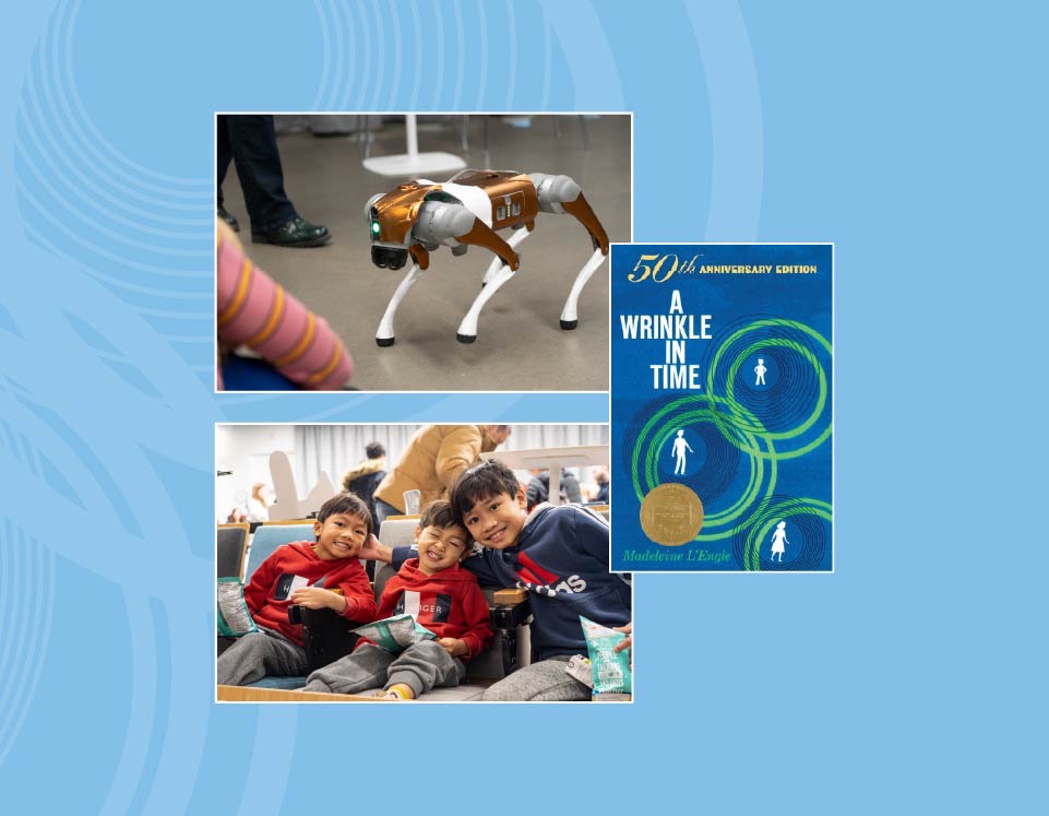 background image: 720x560 family reading pick event wrinkle in time book three boys with popcorn robot dog