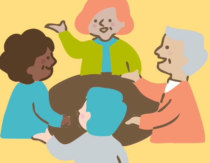 background image: Illustration of four people seated around a round table during a group discussion.