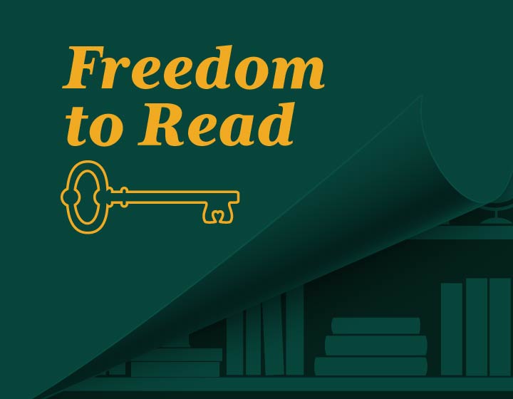 background image: General digital freedom to read graphic in dark green with a yellow key and page turning showing a bookshelf