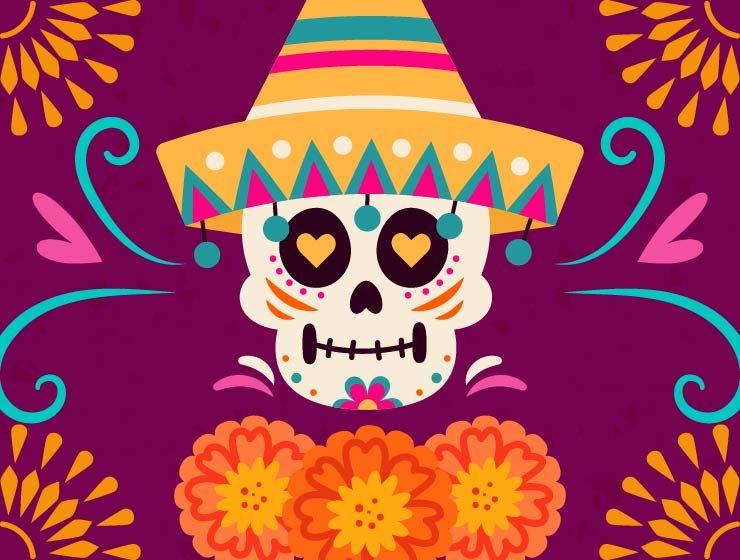 background image: Colorful decorative skull wearing a sombrero on a purple background with floral and swirl patterns.