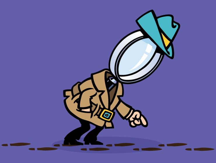 background image: Cartoon detective with a magnifying-glass head and tilted hat examining a trail of footprints on a purple background.