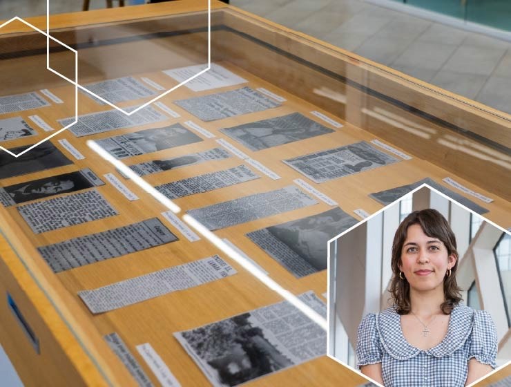 background image: Display case with archival newspaper clippings and photos, with an inset portrait of a person on the lower right.