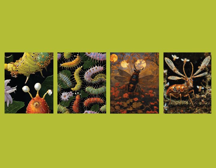 background image: Four artistic macro-style illustrations of insects displayed side by side on a light green background.
