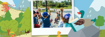 Illustration of a park scene with a photo of children raising their hands during an outdoor program, surrounded by trees, mountains, ducks, and a reading bird.