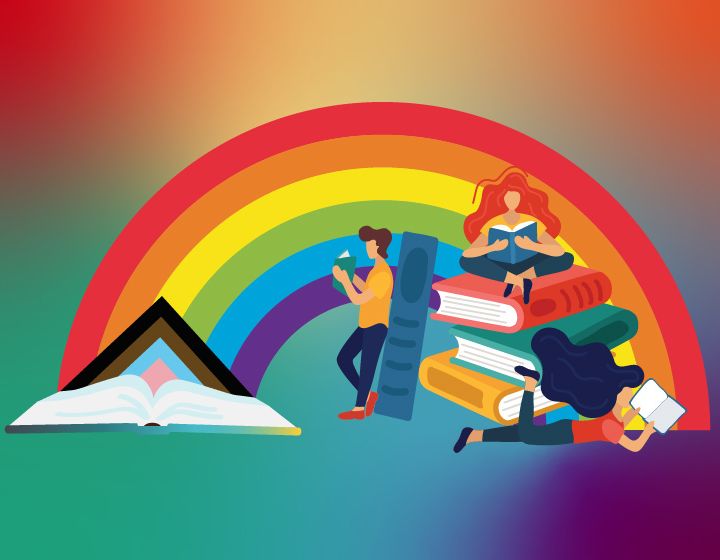 background image: Illustration of people reading around a stack of books beneath a rainbow, symbolizing literacy, learning, diversity, and inclusion.