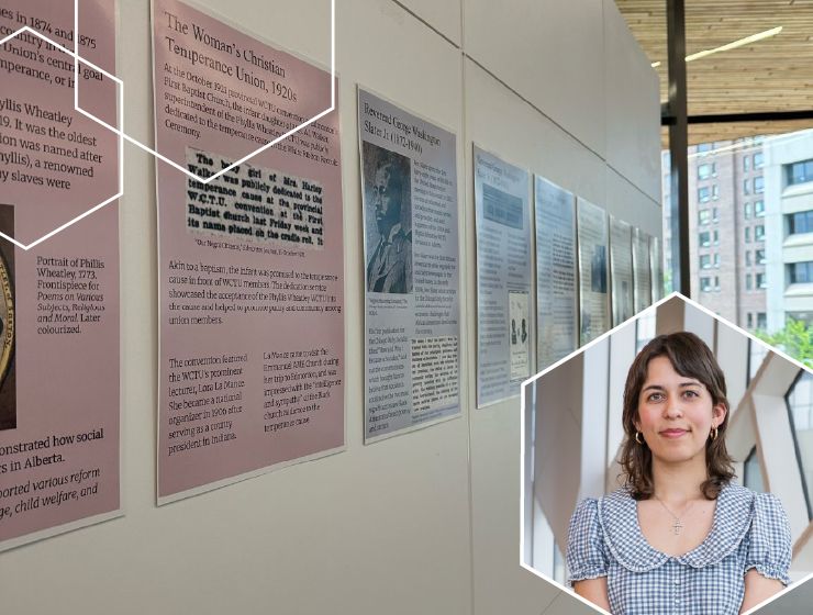 background image: Historical exhibit panels on a wall with an inset portrait and windows in the background.