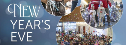 Collage of New Year’s Eve celebrations at the library, featuring a smiling child, a family in festive outfits, and a large crowd enjoying indoor festivities.