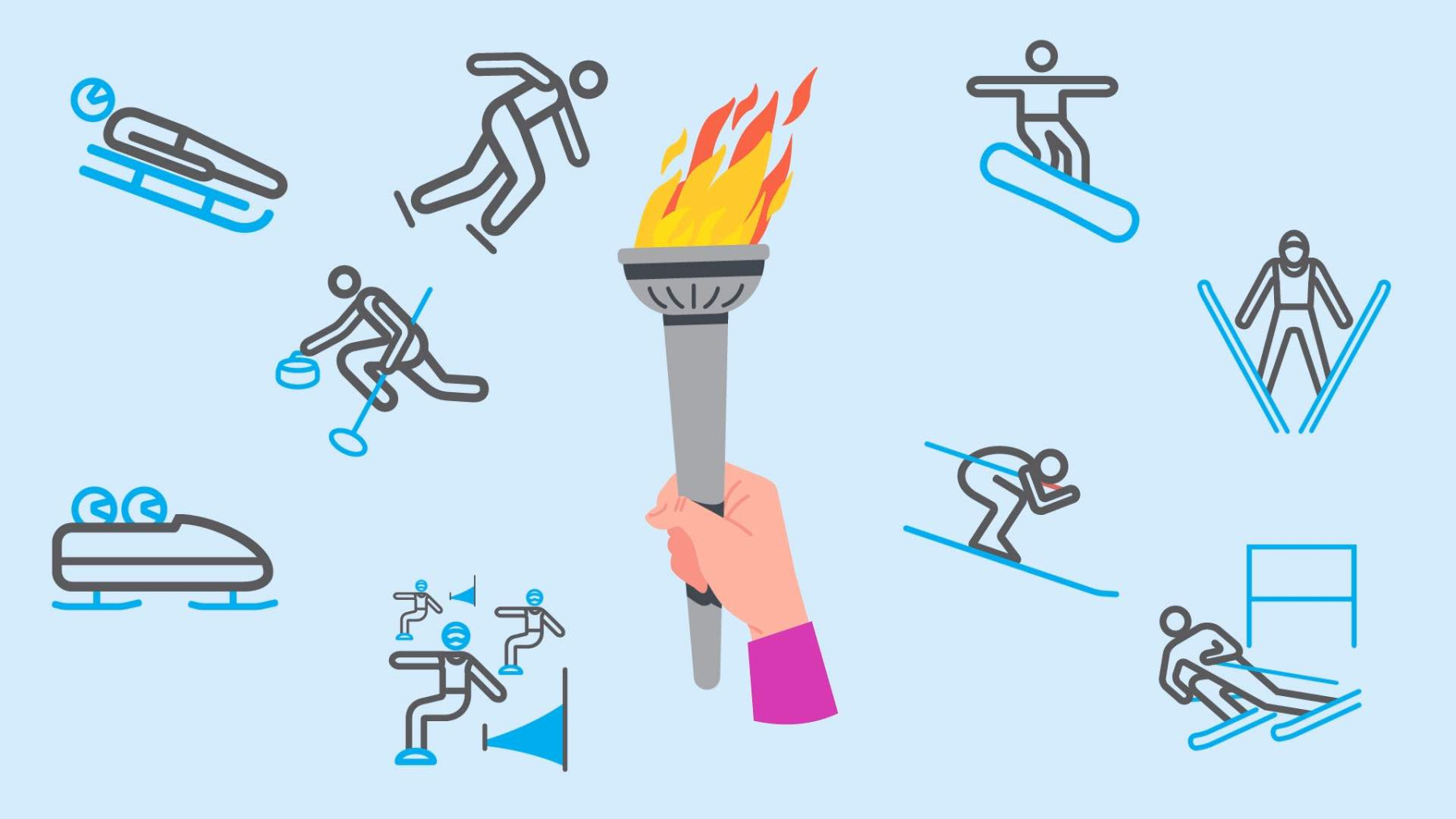 background image: Graphic hand holding Olympic Torch and different sports light blue background