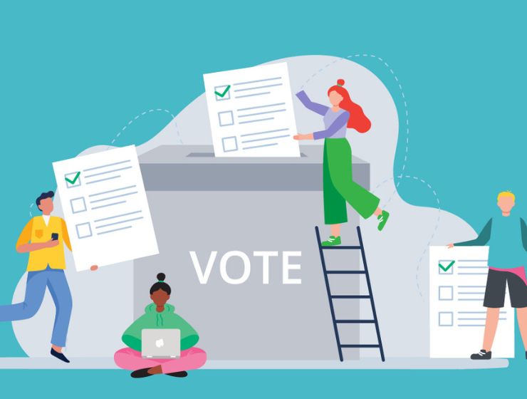 background image: Illustration of community members submitting ballots into a large voting box labeled “VOTE,” representing civic participation, voting, and engagement in a referendum or election.