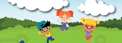 Graphic of children playing outside in a sunny green space with clouds and trees used to promote the Outdoor ELC at Signal Hill Library.