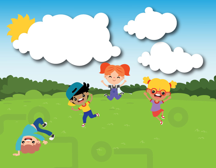 background image: Graphic of children playing outside in a sunny green space with clouds and trees used to promote the Outdoor ELC at Signal Hill Library.