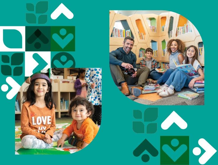 background image: Two library photos on a teal background. One shows two children in a library children's area. The other shows four people reading together in a book-filled library space. Decorative icons surround the photos.
